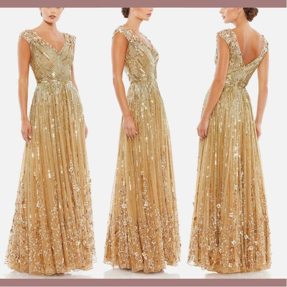 NEW $798 Mac Duggal [ 6‎ ] Sequin & Floral Embellished Evening Gown Gold - Picture 2 of 16